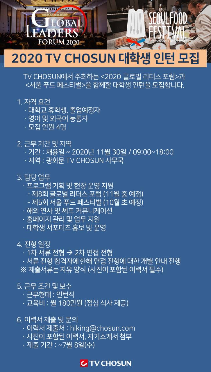 2020 TV CHOSUN <글로벌 리더스 포럼> 및 <서울푸드페스티벌> 대학생 인턴 모집 포스터